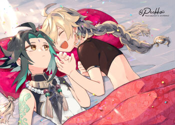 2boys aether_(genshin_impact) ahoge arm_tattoo bead_necklace beads black_shirt blonde_hair braid closed_eyes closed_mouth commentary_request genshin_impact green_hair happy holding_hands jewelry long_hair male_focus midriff multiple_boys necklace open_mouth pechka pillow shirt tassel tattoo under_covers xiao_(genshin_impact) yaoi