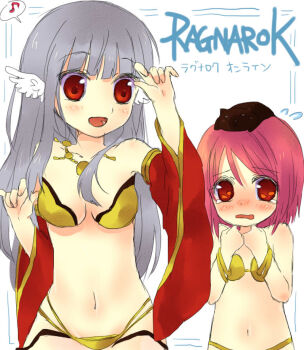 2girls animal animal_on_head bikini black_cat blunt_bangs blush breasts cat cat_on_head commentary_request copyright_name dancer_(ragnarok_online) detached_sleeves feathered_wings grey_hair gypsy_(ragnarok_online) haruno_ichigo head_wings long_hair medium_breasts multiple_girls navel on_head open_mouth pink_hair ragnarok_online red_eyes red_sleeves smile strapless strapless_bikini swimsuit tearing_up upper_body white_background white_wings wings yellow_bikini
