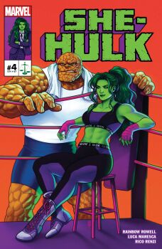Rule 34 | 1boy, 1girl, abs, absurdres, balance scale, ben grimm, black leggings, black sports bra, blue eyes, blue shorts, boots, boxing ring, breasts, character name, colored skin, comic cover, copyright logo, copyright name, english text, fantastic four, green eyes, green hair, green skin, hand wraps, highres, jacket, jen bartel, jennifer walters, leggings, logo, long hair, looking ahead, marvel, medium breasts, multicolored leggings, multicolored sports bra, muscular, muscular female, muscular male, navel, official art, on stool, orange background, pants, ponytail, purple boots, purple jacket, purple leggings, purple pants, purple sports bra, rock skin, she-hulk, shorts, sitting, sports bra, stool, tank top, towel, towel around neck, wavy hair, weighing scale, western comics (style), white tank top