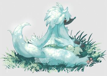 chikorita closed_eyes closed_mouth commentary_request furfrou gen_2_pokemon gen_6_pokemon grass lying nashimochi_4 nintendo no_humans pokemon pokemon_(creature) pokemon_focus red_eyes sleeping twitter_username watermark