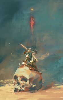 Rule 34 | 1boy, absurdres, black hair, black robe, black tunic, commentary, english commentary, full body, hand up, highres, holding, holding sword, holding weapon, knee up, li axie, male focus, over shoulder, oversized object, raised fist, robe, shadow slave, short hair, sitting, skull, solo, sunny (shadow slave), sword, tunic, weapon, weapon over shoulder