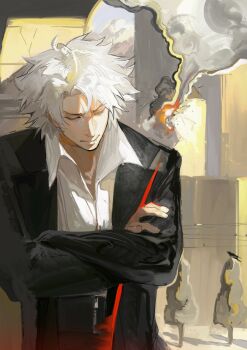 1boy bird black_jacket classicaloid closed_eyes closed_mouth collared_shirt crossed_arms explosion highres jacket long_sleeves ludwig_van_beethoven_(classicaloid) male_focus octahooves power_lines shirt short_hair smoke solo tree upper_body white_hair