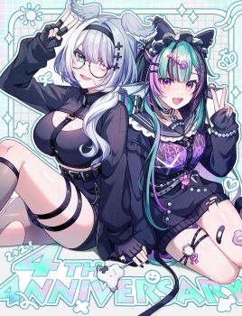 2girls :d absurdres anniversary aqua_eyes aqua_hair aqua_nails asymmetrical_legwear bandaid_on_thigh black_hair black_hairband black_nails blue_hair breasts chest_harness cross-shaped_pupils earrings elira_pendora elira_pendora_(goth) fangs finana_ryugu finana_ryugu_(jirai_kei) fingerless_gloves fins fish_skeleton_hair_ornament glasses gloves hair_intakes hairband harness head_fins head_wings heterochromia highres jewelry large_breasts lazulight light_blush long_hair long_sleeves looking_at_viewer maid_headdress medium_breasts mismatched_legwear multicolored_hair multiple_girls nijisanji nijisanji_en o-ring o-ring_thigh_strap open_mouth pink_hair purple_eyes senmi_(vvv_1864) sharp_teeth side_ponytail single_leg_pantyhose single_thighhigh sitting sleeves_past_wrists smile smiley_face star_(symbol) streaked_hair sun_symbol sweater symbol-shaped_pupils teeth thigh_strap thighhighs thighs torn_clothes torn_sweater v virtual_youtuber wings