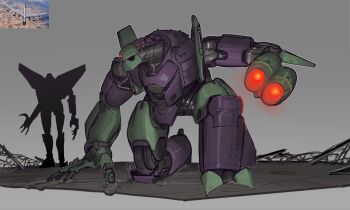 aircraft airplane arm_cannon commentary decepticon english_commentary fence grey_background highres looking_ahead lugnut_(transformers) mecha no_humans on_one_knee one-eyed photo_inset red_eyes robot silhouette size_comparison starscream transformers transformers_animated tungsten_hale vehicle_request weapon