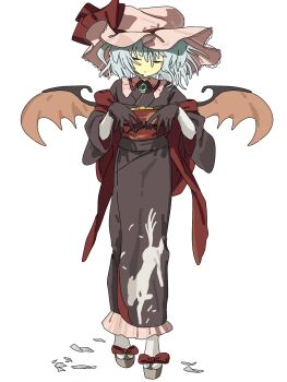 1girl bat_wings black_gloves blue_hair bow brooch brown_kimono full_body gloves hat hat_bow highres japanese_clothes jewelry kimono mob_cap mozupoko obi original print_kimono red_sash remilia_scarlet sash short_hair simple_background solo tabi white_background wings yukata