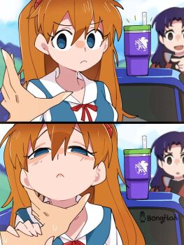 2girls absurdres black_dress blue_eyes blue_skirt bongftah brown_eyes closed_mouth cup dress drinking_straw hair_between_eyes hair_ornament hands_up highres ikari_shinji interface_headset_(evangelion) jacket katsuragi_misato long_hair multiple_girls neck neck_ribbon neon_genesis_evangelion nerv orange_hair purple_hair red_jacket red_ribbon ribbon school_uniform shirt skirt souryuu_asuka_langley tokyo-3_middle_school_uniform white_shirt