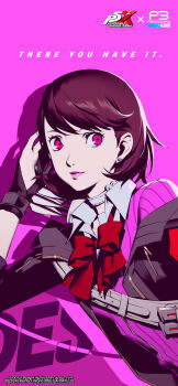 1girl absurdres all-out_attack archery_shooting_glove armband arrow_(projectile) atlus black_gloves black_jacket bow bow_(weapon) bowtie brown_hair cardigan cardigan_under_jacket choker collared_shirt company_name copyright_name earrings english_text flipped_hair gekkoukan_high_school_uniform gloves gradient_background heart heart_choker highres holding holding_arrow holding_bow_(weapon) holding_weapon hood hooded_jacket jacket jewelry lips long_sleeves looking_at_viewer loose_bowtie official_art official_wallpaper open_clothes open_jacket partially_fingerless_gloves partly_fingerless_gloves persona persona_3 persona_3_reload persona_5 persona_5:_the_phantom_x piercing pink_background pink_cardigan pink_eyes pink_lips pink_theme quiver red_armband red_bow red_bowtie ribbed_cardigan s.e.e.s school_uniform sega shimada_azusa shirt short_hair single_glove smile solo stud_earrings takeba_yukari third-party_source upper_body weapon white_choker white_shirt wing_collar yugake