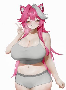 1girl absurdres animal_ears bare_shoulders blush breasts cleavage commentary fingernails grey_hair grey_shorts grey_sports_bra hair_intakes heavy_breathing highres hololive hololive_english huge_breasts long_hair looking_at_viewer multicolored_hair nail_polish navel panther_ears panther_girl pink_hair pink_lips pink_nails raora_panthera rieko_(kuusairieko) shorts simple_background smile solo sports_bra stomach streaked_hair sweat thighs two-tone_hair virtual_youtuber w white_background yellow_eyes