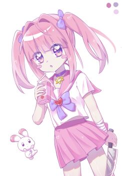 Rule 34 | 1girl, bandaged arm, bandages, blunt bangs, bow, commentary, cowboy, cowboy western, drink carton, hair bow, heart, hexagram, highres, holding, holding juice box, holding knife, jitome, juice box, knife, menhera-chan (ezaki bisuko), menhera-chan (ezaki bisuko) (character), pink hair, pink sailor collar, pink skirt, plume (pixiv 106530054), purple bow, rabbit, sailor collar, school uniform, serafuku, shirt, short twintails, sidelocks, skirt, solo, standing, star of david, twintails, usatan (ezaki bisuko), variant set, western, white shirt, yami kawaii