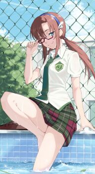 1girl ;3 absurdres arm_support blue_eyes blue_hairband blue_sky breasts brown_hair brown_shoes chain-link_fence closed_mouth cloud collared_shirt commentary_request day fence glasses green_necktie green_skirt hair_between_eyes hairband highres hitempo long_hair looking_at_viewer low_twintails makinami_mari_illustrious medium_breasts miniskirt necktie neon_genesis_evangelion one_eye_closed outdoors parted_bangs plaid_clothes plaid_skirt pool poolside rebuild_of_evangelion red-framed_eyewear school school_uniform semi-rimless_eyewear shadow shirt shoes short_sleeves sidelocks sitting skirt sky smile soaking_feet solo twintails under-rim_eyewear unworn_shoes water wet white_shirt