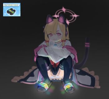 1girl :3 animal_ear_headphones animal_ears black_skirt black_thighhighs blonde_hair blue_archive bow cat_ear_headphones cat_ears cat_tail closed_mouth coat collared_shirt crossed_arms fake_animal_ears full_body game_screenshot_inset glowing_footwear hair_bow half-closed_eyes halo headphones long_sleeves looking_at_viewer medium_hair momoi_(blue_archive) multiple_hair_bows nemo_(leafnight) panties pantyshot pink_bow pink_eyes rgb_lights sandals shirt skirt slav_squatting sleeves_past_fingers sleeves_past_wrists smug solo squatting tail thighhighs underwear v-shaped_eyebrows white_coat white_panties white_shirt