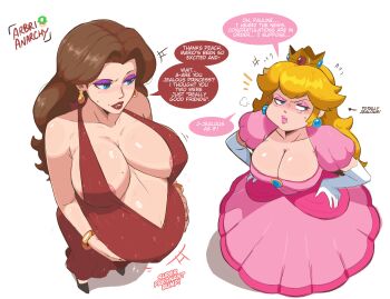2girls absurdres annoyed arbrianarchy areola_slip blonde_hair blue_lips breasts brown_hair cleavage crown dress elbow_gloves envy eyeshadow full_body gloves gold_crown hands_on_own_hips hands_on_own_stomach highres jealous large_breasts long_hair makeup mario_(series) multiple_girls nintendo pauline_(mario) pink_dress pink_eyeshadow plunging_neckline pointed_crown pout pregnant princess_peach puffy_short_sleeves puffy_sleeves purple_eyeshadow red_dress red_lips short_sleeves sideways_glance speech_bubble standing