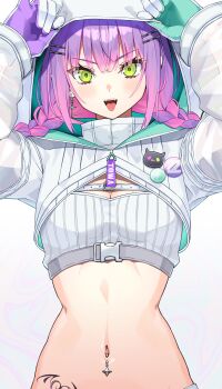 1girl absurdres adjusting_hood aqua_gloves asymmetrical_gloves badge bandeau bibi_(tokoyami_towa) blush braid breasts buckle button_badge chest_strap cleavage commentary cowboy_shot cross cross_earrings earclip earrings eyelashes fangs gashino gloves green_eyes hair_ornament hairclip highres hip_tattoo hololive hood hood_up hooded_shrug jewelry looking_at_viewer low_twin_braids medium_breasts medium_hair mismatched_gloves multicolored_gloves multicolored_hair navel navel_piercing official_alternate_costume official_alternate_hairstyle open_mouth piercing pink_hair purple_gloves purple_hair ribbed_bandeau see-through_clothes see-through_sleeves shrug_(clothing) smile snap-fit_buckle solo stomach strapless streaked_hair tattoo teeth tokoyami_towa tokoyami_towa_(cyberpunk) tongue tongue_out tube_top twin_braids two-sided_gloves two-tone_gloves two-tone_hair underbust upper_teeth_only v-shaped_eyebrows virtual_youtuber white_background white_bandeau white_gloves white_shrug white_tube_top winged_heart winged_heart_tattoo zipper_pull_tab