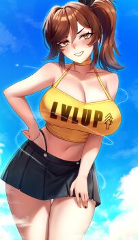 1girl black_ribbon black_skirt blush breasts brown_eyes brown_hair cleavage clothes_writing crop_top eyebrows_hidden_by_hair hair_between_eyes hair_ribbon hand_on_own_hip hand_on_own_thigh highres koarujpg large_breasts leaning_forward lips looking_at_viewer medium_hair open_mouth original ribbon shirt side_ponytail skirt smile solo yellow_shirt