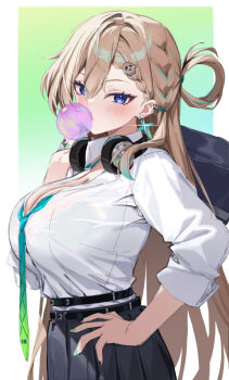 1girl alternate_breast_size_(larger) aqua_necktie bag black_nails black_skirt blonde_hair blowing_bubble_gum blue_eyes blush border bra_visible_through_clothes breasts chewing_gum cleavage collared_shirt commentary_request earrings fingernails green_background green_nails hair_between_eyes hair_ornament hand_on_own_hip headphones headphones_around_neck highres holding holding_bag jewelry large_breasts long_hair looking_at_viewer lynae_(wuthering_waves) multicolored_hair multicolored_nails necktie shirt skirt skull_hair_ornament solo star_(symbol) star_earrings streaked_hair white_border white_shirt wuthering_waves yuxian_youka