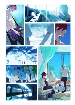 Rule 34 | 4boys, alternate costume, bag, border, desk, electric guitar, fuwa minato, grey hair, guhe0oo0, guitar, hair between eyes, highres, ibrahim (nijisanji), instrument, kuzuha (nijisanji), lauren iroas, long hair, male focus, multicolored hair, multiple boys, multiple views, music, nijisanji, open mouth, playing guitar, playing instrument, ponytail, red eyes, red hair, school desk, short ponytail, shoulder bag, smile, streaked hair, tree, virtual youtuber, white border, white hair, window