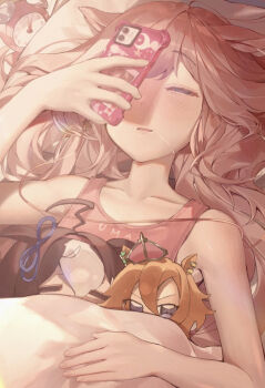 Rule 34 | 1girl, agnes digital (umamusume), alarm clock, animal ears, bare arms, bare shoulders, blanket, blush, brown hair, cellphone, character doll, clock, collarbone, doll, drooling, half-closed eyes, holding, holding phone, horse ears, horse girl, long hair, meisho doto (umamusume), open mouth, phone, pillow, saliva, solo, t.m. opera o (umamusume), tank top, umamusume, under covers, upper body, yogukasu