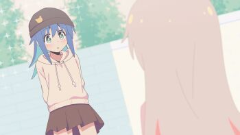 2girls accidental_exposure animated animated_gif blue_hair blush censored embarrassed female_focus green_eyes hat highres hood hoodie loli long_hair looking_at_another looping_animation mosaic_censoring multiple_girls no_panties onii-chan_wa_oshimai! open_mouth outdoors oyama_mahiro pussy skirt tenkawa_nayuta upskirt wind wind_lift zu_(rcfw7727)