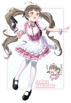 Rule 34 | 1girl, a2 (a2-king-show), ahoge, apron, black shoes, bow, bowtie, brown eyes, brown hair, chibi, chibi inset, commentary request, dress, full body, glock, gun, hakozaki serika, handgun, highres, holding, holding gun, holding weapon, idolmaster, idolmaster million live!, idolmaster million live! theater days, long hair, maid headdress, mary janes, official alternate costume, open mouth, pantyhose, pink bow, pink bowtie, pink dress, pretty waitress (idolmaster), puffy short sleeves, puffy sleeves, shoes, short sleeves, solo, translation request, trigger discipline, twintails, very long hair, waist apron, waitress, weapon, white background, white pantyhose, white wrist cuffs, wrist cuffs