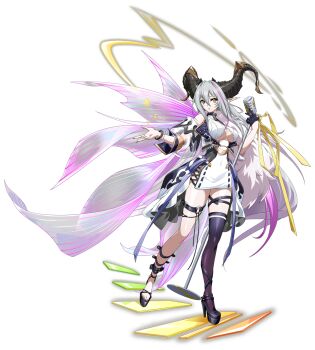 1girl aura bare_shoulders belt_collar black_dress black_gloves black_shoes black_thighhighs black_vest blue_ribbon breasts cape clothing_cutout collar curved_horns detached_sleeves dragon_girl dragon_horns dress floating_clothes floating_hair frilled_cape full_body game_cg gloves gold_aura gold_ribbon grey_hair hair_between_eyes half_gloves high_heels highres holding holding_microphone holding_microphone_stand horns idol idol_clothes isolde_(langrisser) langrisser langrisser_mobile large_breasts legs long_hair looking_at_viewer microphone microphone_stand multicolored_dress multicolored_hair official_alternate_costume official_art open_clothes open_vest outstretched_arm parted_lips pink_hair pointy_ears puffy_sleeves ribbon second-party_source see-through_cape see-through_clothes see-through_sleeves shoes short_dress simple_background single_glove single_half_glove single_thighhigh sleeveless_vest slit_pupils solo sparkle standing streaked_hair tachi-e thigh_strap thighhighs toes transparent_background two-sided_vest underboob underboob_cutout vertical-striped_cape very_long_hair vest waist_cape white_dress white_vest wing_cape yellow_eyes zettai_ryouiki