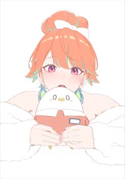 1girl absurdres bare_shoulders bird chicken earrings feather_earrings feathers fur_jacket hair_bun highres hololive hololive_english jacket jewelry kfp_employee_(takanashi_kiara) looking_at_viewer official_alternate_costume official_alternate_hairstyle orange_hair purple_eyes resu_desu simple_background solo takanashi_kiara takanashi_kiara_(cozy) virtual_youtuber white_background