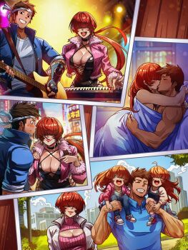 1boy absurdres aged_up alternate_costume blush breasts brown_eyes brown_hair carrying carrying_person chain_belt child cleavage cleavage_cutout clothing_cutout collarbone cosplay couple covered_eyes cropped_jacket earrings family family_bonding father_and_child father_and_daughter fingerless_gloves gloves good_end hair_over_eyes headband height_difference highres husband_and_wife if_they_mated jacket jewelry kusanagi_kyou kusanagi_kyou_(cosplay) large_breasts lips lipstick long_hair makeup miniskirt mother_and_child mother_and_daughter multiple_girls muscular muscular_male open_mouth pants parent_and_child pectorals pink_jacket ponytail red_hair school_uniform shermie_(kof) shirt short_hair skirt smile snk split_ponytail the_king_of_fighters the_king_of_fighters_xv vlizzyvlizz117 yabuki_shingo