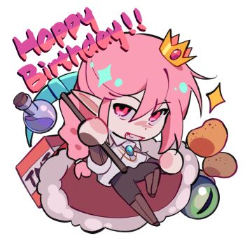 Rule 34 | 1boy, androgynous, animification, bishounen, bottle, braid, cape, chibi, chibi only, chinese commentary, commentary request, crown, dream smp, english text, explosive, eye of ender, fur trim, happy birthday, highres, holding, humanization, lilyouo, long hair, long sleeves, looking at viewer, male focus, minecraft, minecraft pickaxe, minecraft youtube, pickaxe, pink hair, pointy ears, potato, potion, red cape, red eyes, shirt, smile, solo, technoblade, tnt, tnt block (minecraft), white background, white shirt