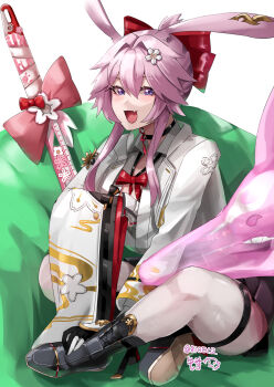 Rule 34 | 1girl, 810d12, absurdres, animal ears, black boots, boots, bow, bowtie, commentary, evanescia (honkai: star rail), fox, fox ears, fox girl, highres, honkai: star rail, honkai (series), indian style, jacket, looking at viewer, measuring stick, open mouth, pink hair, purple eyes, red bow, red bowtie, shirt, short hair, sitting, thigh strap, thighs, twitter username, untranslatable commentary, white jacket, white shirt
