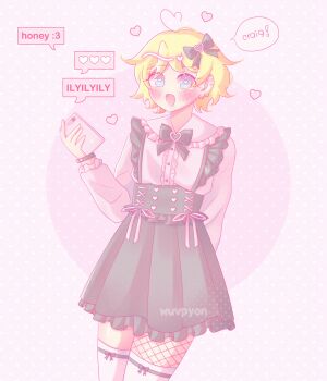 1boy absurdres arm_behind_back black_bow black_ribbon black_skirt blonde_hair blue_eyes blush bow bracelet cellphone crossdressing crossdressing_(mtf) ear_piercing english_text frilled_shirt frilled_skirt frills hair_bow heart heart-shaped_pupils highres holding holding_phone jewelry jirai_kei open_mouth phone piercing pink_background pink_ribbon pink_shirt pleated_skirt polka_dot polka_dot_background ribbon rinrin_(wuvpyon) shirt short_hair single_fishnet_legwear skirt smartphone smile solo south_park speech_bubble symbol-shaped_pupils thighhighs trap tweek_tweak white_thighhighs