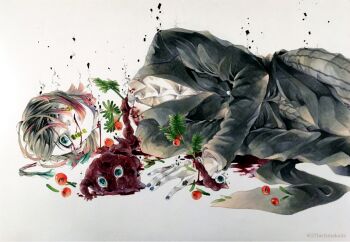 1boy arm_at_side arm_support asymmetrical_bangs black_jacket bleeding blood blood_from_mouth blood_from_neck blood_on_face bloody_tears blue_eyes blue_nails buttons colored_tips commentary_request crying death demon_boy dissolving enmu_(kimetsu_no_yaiba) facial_mark finger_tattoo flesh grey_pants hair_over_one_eye highres imminent_death jacket kanji_tattoo kimetsu_no_yaiba long_sleeves lying male_focus marker_(medium) medium_hair misplaced_mouth monster multicolored_hair on_side pale_skin pants pinstripe_pants pinstripe_pattern plant plant_request pool_of_blood ruchi_(nxje5533) severed_head solo suit_jacket symbol-shaped_pupils tattoo tears_facial_mark teeth traditional_media trap twitter_username undershirt white_background wide-eyed