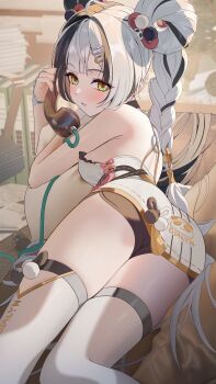 1girl absurdres ass bare_shoulders black_hair blush braid breasts commentary_request dialyn_(zenless_zone_zero) dress fingernails from_behind hand_up highres holding holding_phone indoors jumonji long_hair looking_at_viewer looking_back medium_breasts multicolored_hair nail_polish paid_reward_available parted_lips phone sleeveless sleeveless_dress solo thighhighs twin_braids variant_set very_long_hair white_dress white_hair white_thighhighs yellow_eyes zenless_zone_zero