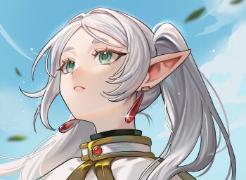1girl ariko_(aaaaarik) blue_sky blush cloud commentary day earrings elf english_commentary eyelashes frieren green_eyes grey_hair highres jewelry leaf long_hair meme outdoors parted_lips pointy_ears signature sky solo sousou_no_frieren sparkle teardrop_earrings twintails upper_body upward_angle_frieren_drawing_(meme)