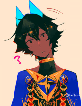 Rule 34 | 1boy, ?, arjuna (fate), arjuna alter (fate), black eyes, black hair, closed mouth, commentary request, confused, dark-skinned male, dark skin, fate/grand order, fate (series), frown, hair between eyes, head tilt, horns, kokujin youhei, looking at viewer, male focus, simple background, solo, upper body