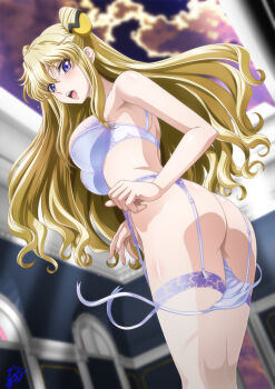 Rule 34 | 1girl, ass, blonde hair, blue eyes, bra, breasts, code geass, code geass: boukoku no akito, commentary request, curly hair, from below, garter belt, highres, kaname aomame, large breasts, leila malcal, long hair, looking at viewer, open mouth, panties, side-tie panties, solo, thighhighs, underwear, untied panties, white bra