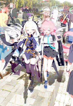 6+girls ;d ^_^ absurdres ahoge aru_(blue_archive) ayane_(blue_archive) blue_archive blush bm_tol closed_eyes commentary demon_horns demon_wings emblem fang gehenna_student_(blue_archive) grey_hair gun gun_on_back headset helmet helmet_gangster_(blue_archive) highres hina_(blue_archive) horns hoshino_(blue_archive) ibuki_(blue_archive) iroha_(blue_archive) low_wings military_vehicle miyako_(blue_archive) motor_vehicle multiple_girls one_eye_closed open_mouth outdoors pink_hair school_uniform smile symbol-only_commentary tank tea_party_militant_(blue_archive) trinity_student_(blue_archive) valkyrie_police_academy_student_(sg)_(blue_archive) walking weapon weapon_on_back weapon_request wings yukino_(blue_archive)