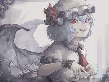 1girl absurdres ascot bat_wings blue_gemstone flower frilled_cuffs frilled_hat frilled_sleeves frills gem hair_between_eyes hands_up hat hat_flower hat_ribbon highres ibuki_ryuko looking_at_viewer mob_cap pink_hat pink_shirt puffy_short_sleeves puffy_sleeves purple_flower purple_hair purple_rose red_ascot red_eyes red_ribbon remilia_scarlet ribbon rose shirt short_hair short_sleeves smile solo touhou wings wrist_cuffs