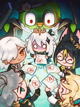 Rule 34 | 1girl, 4boys, academic test, alhaitham (genshin impact), animal ears, black hair, blonde hair, chibi, chibi only, closed eyes, commentary, crystal hair ornament, cyno (duolingo) (genshin impact), cyno (genshin impact), duo (duolingo), duolingo, ear piercing, english commentary, failure, fox boy, fox ears, genshin impact, glasses, green eyes, grey hair, hair over one eye, halo, highres, holding, holding paper, kaveh (genshin impact), multiple boys, o o, official alternate costume, paimon (duolingo) (genshin impact), paimon (genshin impact), paper, piercing, shaded face, test score, tighnari (duolingo) (genshin impact), tighnari (genshin impact), valerieks, white hair