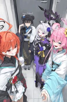 4girls absurdres ahoge alternate_costume alternate_hairstyle black_hair black_halo black_kimono black_sash blue_archive blue_eyes blue_flower blue_haori blush braid closed_mouth crossed_bangs demon_girl demon_horns double_bun fang flower grey_eyes grey_hair grey_halo grin hair_behind_ear hair_between_eyes hair_bun hair_flower hair_intakes hair_ornament halo haori heterochromia highres hina_(blue_archive) horns hoshino_(blue_archive) japanese_clothes kimono kisaki_(blue_archive) long_hair mole mole_under_eye multiple_girls neru_(blue_archive) obi open_mouth parted_bangs pink_hair pink_halo ponytail purple_eyes purple_kimono red_eyes red_flower red_hair rosu_1109 sash short_hair short_kimono sidelocks single_braid skin_fang smile twintails white_kimono white_sash yellow_eyes yellow_flower