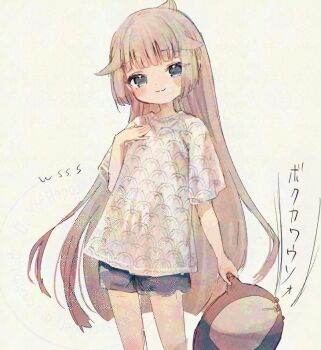 1girl alternate_costume alternate_hairstyle artist_name black_shorts bokukawauso casual feet_out_of_frame grey_eyes grey_hair hair_down kantai_collection long_hair mikura_(kancolle) otter print_shirt shirt shorts simple_background smile t-shirt white_background white_shirt wss_(nicoseiga19993411)