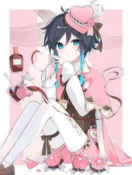 1boy absurdres alternate_color androgynous black_hair blue_hair braid brown_corset cape collared_cape corset flower genshin_impact gradient_hair green_eyes hat hat_flower highres long_sleeves male_focus masshurmu39 multicolored_hair pantyhose pink_cape pink_flower pink_rose pink_shorts rose shirt shorts side_braids solo twin_braids venti_(genshin_impact) white_pantyhose white_shirt