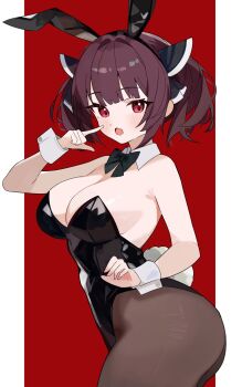 1girl animal_ears black_bow black_bowtie black_leotard black_pantyhose border bow bowtie breasts brown_hair cleavage coco_irasuto cowboy_shot detached_collar fake_animal_ears hashtag-only_commentary headgear highres large_breasts leotard looking_at_viewer pantyhose playboy_bunny rabbit_ears rabbit_tail red_background red_eyes solo strapless strapless_leotard tail touhoku_kiritan twintails two-tone_background voiceroid white_border wrist_cuffs