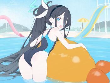 1girl :d alternate_costume alternate_hairstyle aqua_choker aqua_eyes aqua_halo aris_(blue_archive) ass bare_shoulders black_hair black_hairband black_one-piece_swimsuit blue_archive blue_one-piece_swimsuit blush bow bright_pupils chinese_commentary choker commentary_request competition_swimsuit cowboy_shot day eyes_visible_through_hair flat_chest from_behind hair_bow hairband halo inflatable_toy leaning_forward long_bangs long_hair looking_at_viewer looking_back making-of_available multicolored_swimsuit one-piece_swimsuit open_mouth outdoors parted_bangs ponytail pool rectangular_halo ringed_eyes sidelocks sky smile solo swimsuit torimew turning_head two-tone_one-piece_swimsuit very_long_hair wading water white_bow white_pupils