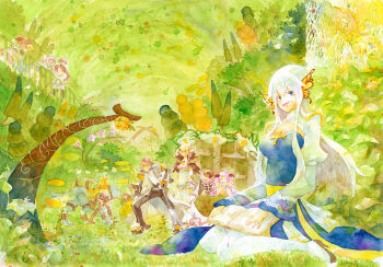 4boys 4girls arch_bishop_(ragnarok_online) armor black_boots black_gloves black_pants black_shirt blonde_hair blue_dress blue_eyes blush book boots brown_hair brown_shoes butterfly_wings chain cleavage_cutout closed_eyes closed_mouth clothing_cutout coat commentary_request cross dress full_body fur_collar gloves grass green_hair grey_coat griffin gryphon_(ragnarok_online) guillotine_cross_(ragnarok_online) head_wings high_heels high_ponytail holding holding_book insect_wings juliet_sleeves loki_(ragnarok_online) long_hair long_sleeves mechanic_(ragnarok_online) multiple_boys multiple_girls nidhoggr_(ragnarok_online) official_alternate_costume open_book open_clothes open_coat open_mouth painting_(medium) pants pauldrons pink_hair pink_scarf ponytail poring puffy_sleeves ragnarok_online ranger_(ragnarok_online) red_armor red_hair sansaro sash scarf shadow_chaser_(ragnarok_online) shirt shoes short_hair shoulder_armor sleeveless sleeveless_dress slime_(creature) smile sorcerer_(ragnarok_online) thighhighs traditional_media tree two-tone_dress warlock_(ragnarok_online) watercolor_(medium) white_dress white_hair white_shirt white_thighhighs wings wolf yellow_sash yellow_scarf yellow_wings