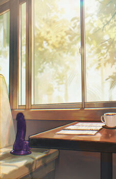 absurdres after_insertion booth_seating censored cup dildo highres indoors kryp132 mosaic_censoring no_humans pussy_juice_stain sex_toy table window