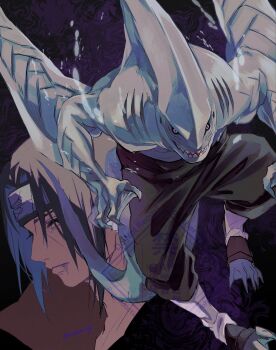 2boys akatsuki_uniform black_hair black_headband black_pants black_sclera blood blood_from_mouth colored_sclera facial_mark fins gills head_fins headband highres hoshigaki_kisame male_focus monster_boy multiple_boys naruto_(series) naruto_shippuuden open_mouth pants parted_bangs shark_boy sharp_teeth smile teeth uchiha_itachi unno_24 webbed_feet webbed_hands yellow_eyes