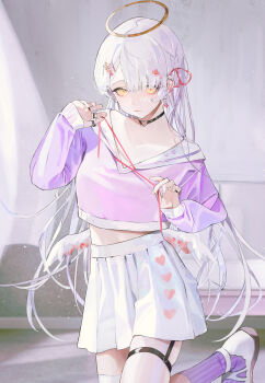 1girl absurdres angel angel_wings black_choker blonde_hair blurry braid breasts choker closed_mouth collarbone commentary depth_of_field earrings floating_earrings flower garter_straps hair_between_eyes hair_flower hair_ornament hair_ribbon hairpin halo hands_up heart heart_choker highres holding holding_string indoors jewelry leg_up long_hair long_sleeves looking_at_viewer low_wings medium_breasts midriff mini_wings multiple_earrings multiple_rings original parai0 pink_shirt pleated_skirt purple_socks red_flower red_ribbon ribbon ring shirt side_braid skirt sleeves_past_wrists socks solo standing standing_on_one_leg string striped_clothes striped_socks symbol-only_commentary very_long_hair white_footwear white_hair white_skirt wings