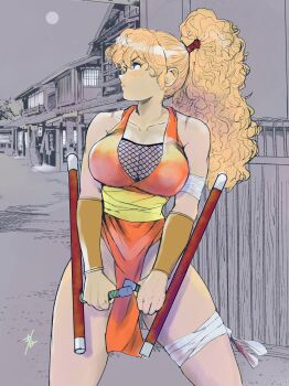 1girl bare_shoulders blonde_hair breasts capcom cleavage collarbone female_focus final_fight final_fight_2 genryuusai_maki highres hiroshi_mono holding holding_weapon large_breasts long_hair looking_up motoyui ninja pelvic_curtain ponytail sash solo thighs tonfa weapon yellow_sash