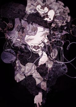 1girl absurdres bow commentary_request covered_mouth cuts dark_background fingernails floral_print_shirt forceps frilled_bow frilled_hat frilled_sleeves frills grey_eyes grey_hair hat heart highres injury komeiji_koishi long_fingernails long_sleeves looking_at_viewer orabi pacifier pointy_ears shirt solo tearing_up third_eye touhou wide_sleeves