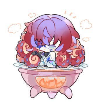 1boy alternate_hair_color artist_name black_shirt coat colored_tips commentary cooking_pot cracked_skin extra_ears fire frown galaxy green_eyes grill highres hollow_body hoshirube_sho hoshirube_sho_(1st_costume) in_pot long_hair looking_at_viewer male_focus multicolored_hair nijisanji notice_lines pants purple_hair red_hair shirt shuxingbuming_moxiaobai simple_background solo tentacle_hair very_long_hair virtual_youtuber visible_air white_background white_coat white_pants