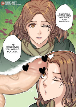 1girl :o artist_name breasts brown_eyes brown_hair censored elden_ring english_text fromsoftware heart heart_censor long_hair looking_at_penis medium_hair melina_(elden_ring) mosaic_censoring outdoors parted_lips patreon_logo penis penis_on_face redjet smile tattoo teeth upper_teeth_only